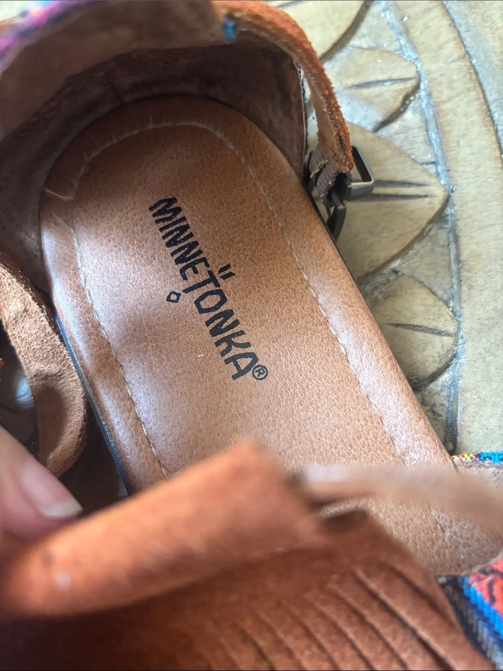 Minnetonka Fringed Suede Women’s Sandals with Woven Accents